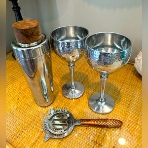 Martini glasses hammered silver with martini shaker & strainer new without tags